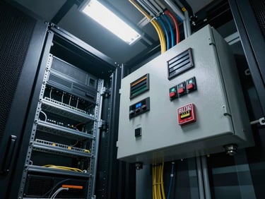 Wide-angle overhead view of a commercial fire alarm control panel installation inside a server room, cool fluorescent lighting, cable management visible, dark equipment racks in background