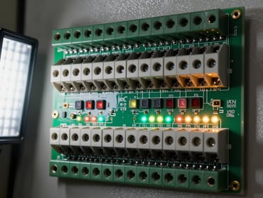 Extreme close-up of a fire alarm control panel circuit board, rows of terminals and LED indicators, lit by a cool studio strobe from the left, sharp focus on solder points and labeled connectors