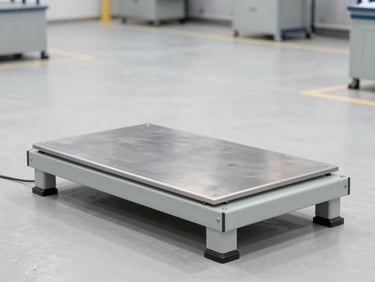 Heavy-duty industrial platform scale in a clean concrete warehouse environment, bright neutral daylight, crisp technical details, 50mm