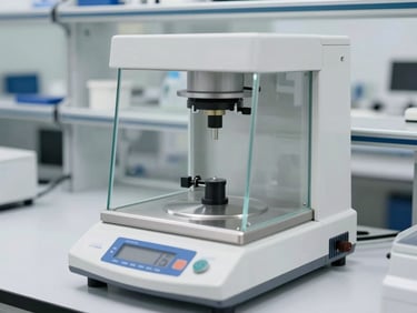 Ultra-precise laboratory analytical balance with glass draft shield in a clean sterile lab, bright white lighting, high contrast, 50mm