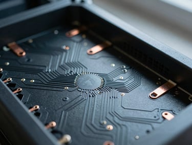 Macro close-up of physical server hardware, clean circuit paths and copper connectors under cool diffused daylight, sharp focus, 35mm