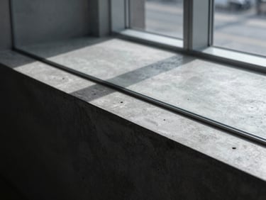 Close-up of a minimalist concrete and glass workspace in Copenhagen, sharp shadows, cool diffused Nordic light, 35mm