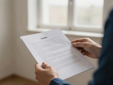 Hands reviewing legal documents with data privacy symbols, soft natural window light, muted ivory and deep blue tones, architectural depth, 35mm
