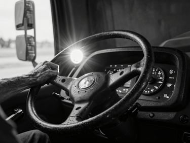 Stark high-contrast black and white photography of weathered hands gripping a heavy truck steering wheel, dramatic headlight glare cutting through the dark cab.