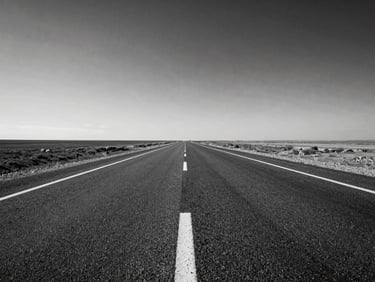 Empty asphalt highway stretching to the horizon under a vast sky, high-contrast black and white, deep shadows on the road surface.