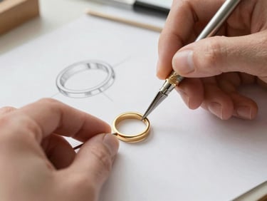 Macro photograph of a master jeweler sketching a custom gold ring design on paper, soft natural daylight, elegant editorial aesthetic.