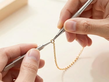 Close-up of hands repairing a delicate gold chain with fine tools, soft diffused light, warm tones, high-key jewelry studio photography.