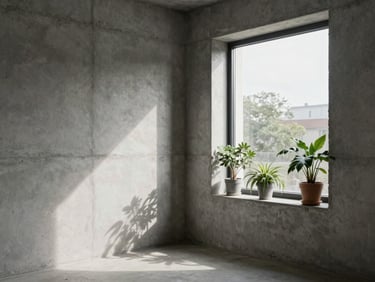 Sunlit corner of a shared co-living loft, raw concrete gray tones, plants in the window.