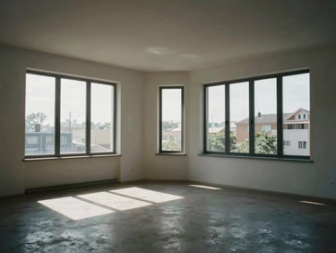 Wide-angle room layout of a minimalist apartment, natural high-contrast daylight streaming through large windows.