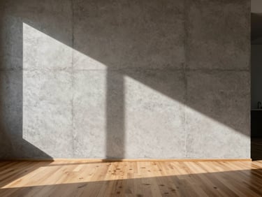 High-contrast daylight hitting a raw concrete wall and hardwood floor in an empty, modern apartment, sharp shadows, architectural crop