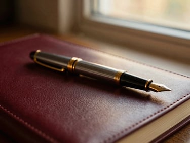 A close-up of a luxury fountain pen resting on a leather journal, soft golden-hour light from a window, shallow depth of field, warm editorial tone.