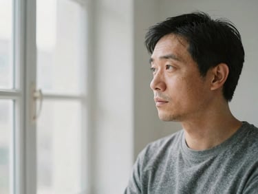 A close-up portrait of a male photographer in his late 30s, soft natural window light, thoughtful expression, muted grey tones, clean composition