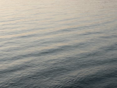 Minimalist photograph of gentle water ripples on a calm lake, soft golden hour light, high contrast, abstract silver gelatine look.