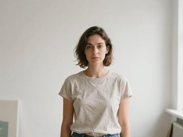 A natural-light portrait of a female artist in a bright studio, soft diffused daylight, warm neutral tones, minimalist aesthetic