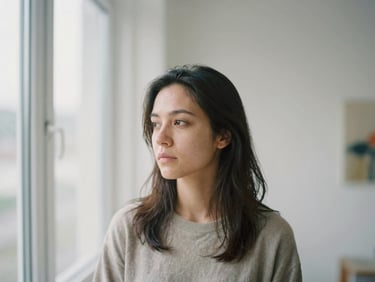 Intimate shallow depth-of-field portrait of a female artist, natural daylight from a window, soft neutral tones, thoughtful expression, medium format film