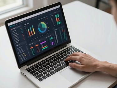 Wide shot of a laptop screen displaying a fintech analytics dashboard with colorful data charts, a hand resting on the keyboard mid-interaction, bright natural studio light from the left, clean white desk surface, top-down slight angle, no people's faces visible