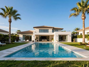 Wide-angle view of a luxury family villa with a private plunge pool, manicured lawns, palm trees under a bright blue sky, clean modern design, 35mm lens