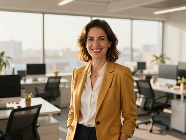 Portrait of a smiling professional woman, warm and approachable, in a bright, modern office setting, natural light, premium quality.