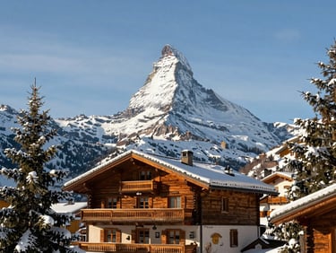 Crisp daylight view of a luxury wooden chalet in Zermatt facing the majestic Matterhorn peak, snow-dusted pine trees