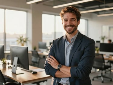 Portrait of a smiling professional man, confident and knowledgeable, in a contemporary workspace, natural light, premium quality.
