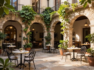 Cozy courtyard of a boutique heritage hotel, stone arches, lush green climbing plants, elegant wrought-iron furniture, soft afternoon sun, 35mm lens