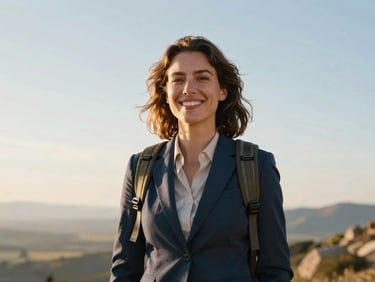 Portrait of a smiling professional woman, adventurous and friendly, in a light-filled setting, natural light, premium quality.