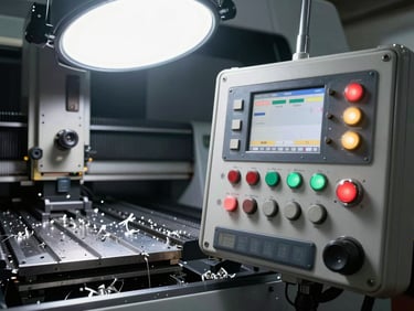Close-up overhead of a CNC machine control panel mid-operation, indicator lights active, metal shavings on the surface, clean studio strobe lighting from above, industrial environment