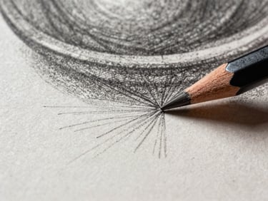 Extreme close-up of graphite drawing surface showing cross-hatching and blending layers on textured paper, pencil tip visible at the lower edge mid-stroke, north-facing daylight revealing paper grain and graphite sheen