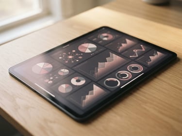 Macro close-up of a clean digital dashboard on a premium tablet screen resting on a minimalist wooden desk, soft warm window light, shallow depth of field, 35mm
