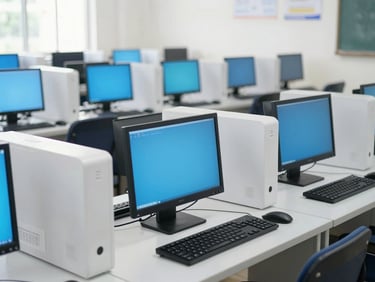 Clean modern computer laboratory in an Indonesian school, rows of neat desktop computers with blue screens, bright natural daylight, professional setup, 35mm