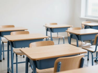 Bright modern school classroom, neat rows of wooden student desks and chairs with blue steel frames, sunny natural daylight, 35mm