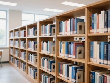 Clean school library interior, modern wooden bookshelves, bright natural lighting, organized and professional atmosphere, 35mm