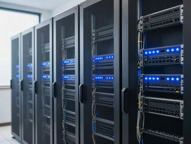 A clean server rack room with blue LED indicator lights, professional cable management, bright studio lighting, sharp focus, 35mm