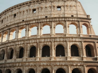 Warm sunlight hitting the ancient stone arches of the Colosseum in Rome, cinematic perspective, soft shadows