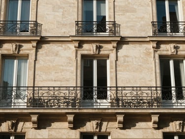 Quiet Parisian balcony overlooking clean stone facade, warm Parisian afternoon sun, elegant travel photography