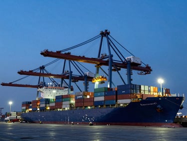 Wide-angle dramatic blue-hour shot of a massive container ship docked at a modern Mumbai port, cargo cranes loading containers under crisp industrial lights.