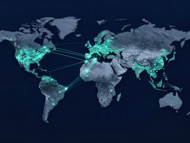 Abstract glowing global trade route map with crisp teal lines connecting Mumbai port to South America, the Middle East, and East Africa, overlayed with technical coordinate data, dark navy background.