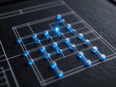 Macro close-up of an intricate architectural blueprint with cold-glowing server nodes, sharp azure light, dark slate background, high contrast, sterile, 35mm