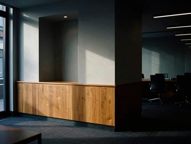 Moody high-contrast interior of a London loft office on Tottenham Court Road, tungsten highlight, architectural detail