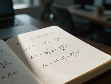 Macro shot of physical notebook with handwritten mathematical formulas, sharp architectural shadow, cool office lighting