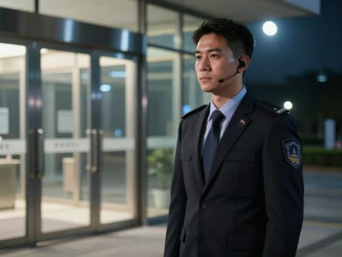Professional security guard in a black uniform with a headset standing outside a modern building at night.
