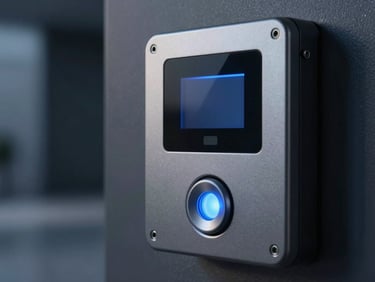 Macro detail of a high-end secure access control interface, glowing soft blue light in a dark minimalist corridor, twilight shadows, precise composition.