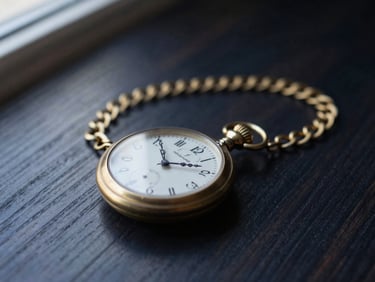 Close-up of a vintage pocket watch with a gold chain on a dark wooden desk, soft light, deep navy tones.