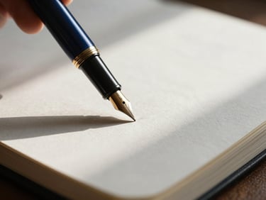 Macro shot of a fountain pen signing a document on a heavy paper ledger, deep navy ink, soft directional light, high contrast.