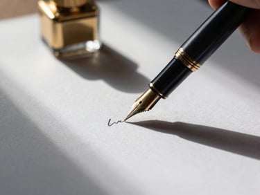 Close-up of a fountain pen on heavy, textured paper, signing a document, soft directional light, deep shadows, gold inkwell.