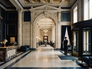 Wide panoramic shot of a grand, classic stone financial institution entrance, soft directional window light, deep navy and gold tones, shallow depth of field, 35mm