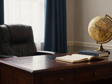 Wide shot of a quiet study space with warm lighting, a leather armchair, and a mahogany desk with a globe and financial books.