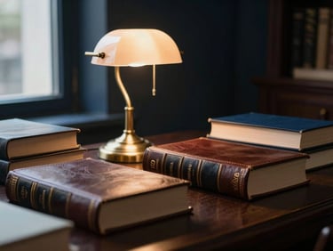 Quiet study space with warm lighting, leather-bound books, and a brass desk lamp, shallow depth of field.