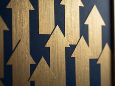 Abstract geometric pattern in brushed gold and deep navy, representing upward growth and stability, high contrast.