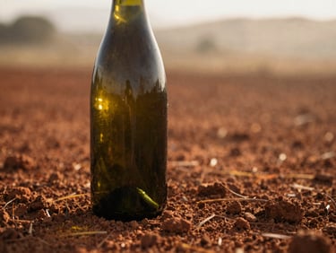 Close-up of a dark green wine bottle resting on dry red clay soil, soft golden light, shallow depth of field